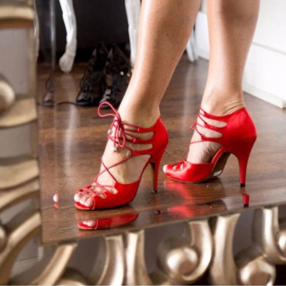 Burju Latin Dance Alemana Red Satin Open Toe Lace Up Heeled Sandals Size 6.5